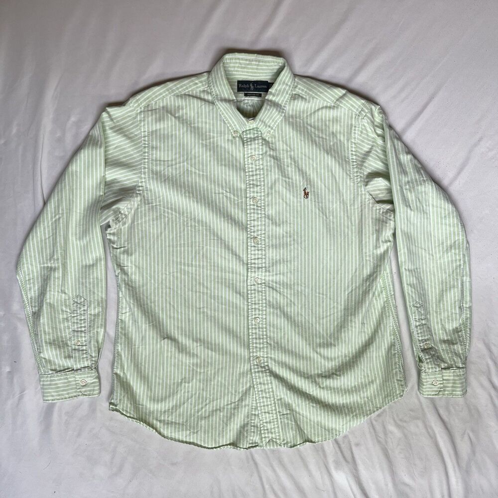 Ralph Lauren Mens XL Green Striped Custom Fit Button Down Shirt Flesh Pony